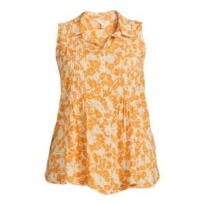 Terra & Sky Orange & White Floral Button Down Collared Pintuck Camp Blouse 1X